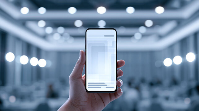 Hand holding smartphone with abstract mobile app demo in conference  