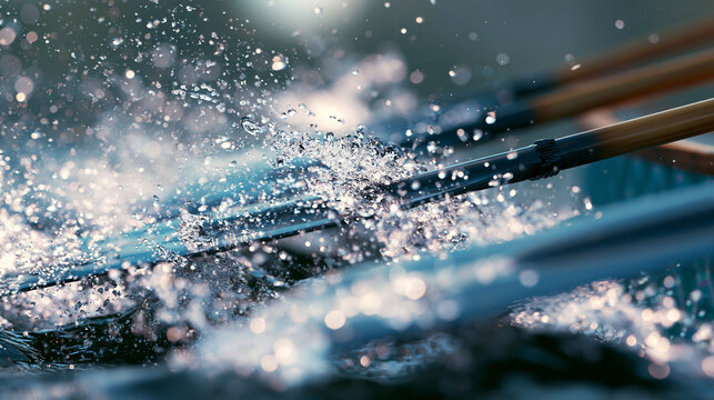 Close-up of dragon boat racing paddles splashing in bright daylight  