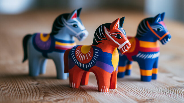 Colorful Swedish Dala horses as decorative elements on a wooden table  