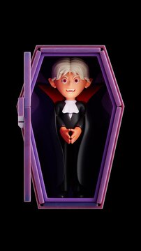 Cute vampire character opening coffin door and smiling in seamless loop, smooth 3d cartoon animation on transparent background, vertical portrait for Halloween social stories.