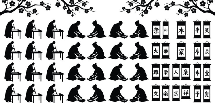 Vector silhouette collection of traditional Asian calligraphy featuring scholars writing preparing ink hanging scrolls and cherry blossoms