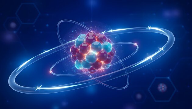 Abstract 3D Atom Model with Electrons Orbiting Nucleus on Blue Scientific Background