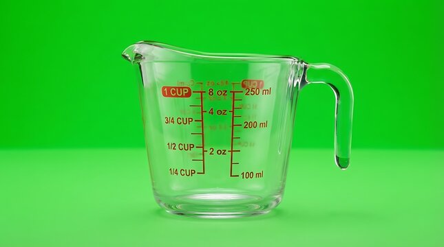 Clear glass measuring cup with multi-unit markings on a bright green background