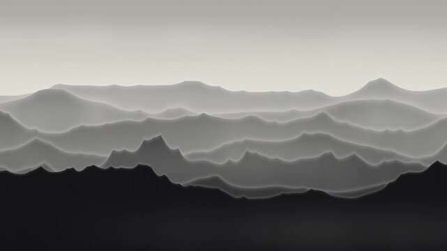 Hazy Mountain Peaks Sliding Past in a Reverse Side Pan, Layered Ridgeline Depth Planes, Seamless Loop in bright sumi tones