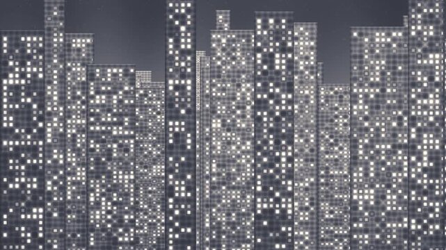 Night City Window Grid Layers Panning Sideways With Depth Parallax, High Rise Skyline Seamless Loop in deep pastel tones
