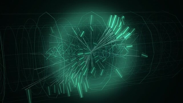 Particle Collider Detector Event with Helical Curved Particle Tracks Seamless Loop in rich emerald tones