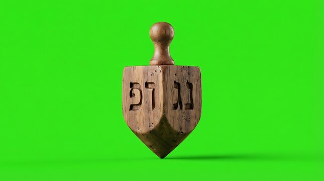 A traditional wooden dreidel centered against a vibrant solid green background