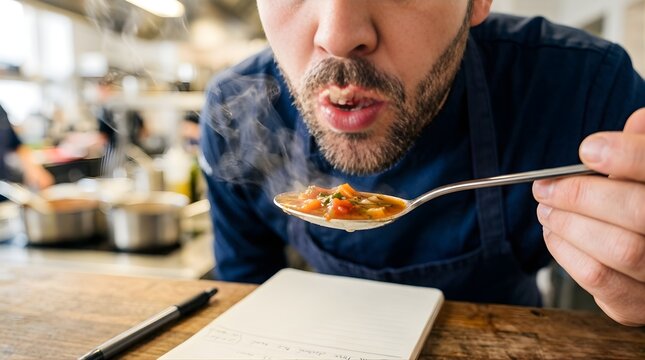 Chef blowing on a hot spoonful of freshly cooked vegetable soup in commercial kitchen