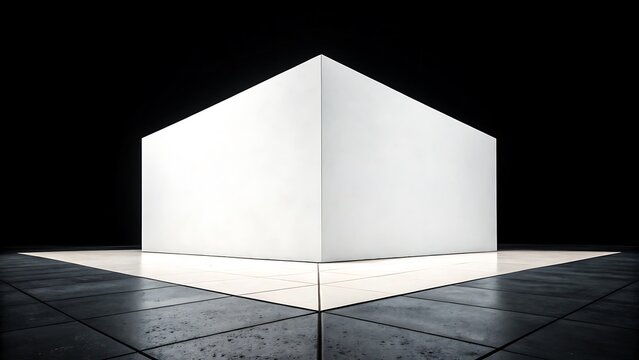 Minimalist white cube on reflective floor against black background for abstract design