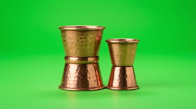 Two hammered copper jiggers standing side by side on a bright green background