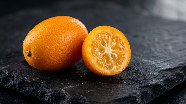 Fresh kumquat fruit with a sliced half on a dark textured stone surface.