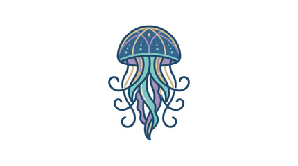 Fototapeta premium Patterned blue jellyfish icon with curled tentacles.