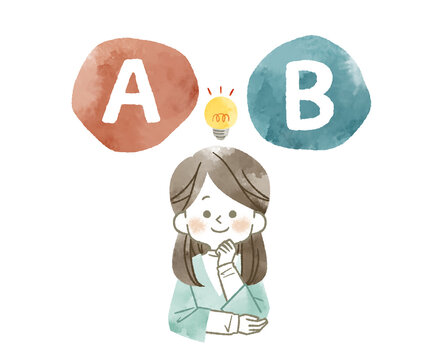 AとBの選択肢を比較をしている女性-水彩