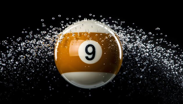 Yellow Number 9 Billiard Ball with Water Splash and Air Bubbles on Black Background
