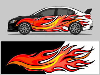 Naklejka premium White car with vibrant flame decal design.
