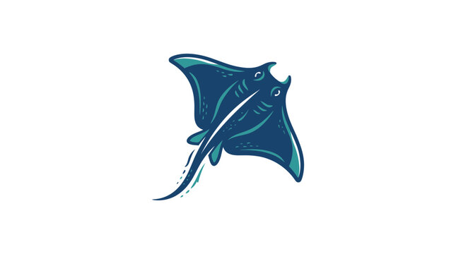 Stylized blue stingray swimming on white background.
