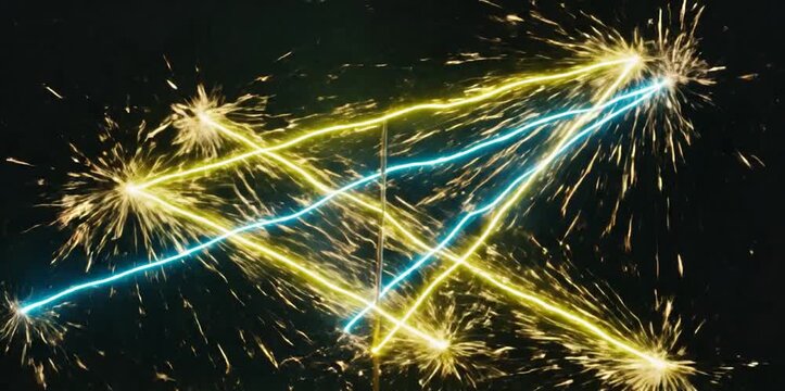 Bright chartreuse and cyan light trails forming a zigzag pattern against a deep black night background.