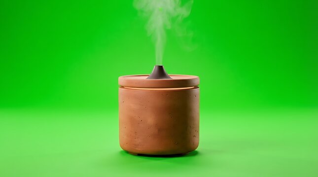 A rustic terracotta essential oil diffuser emitting a gentle stream of mist