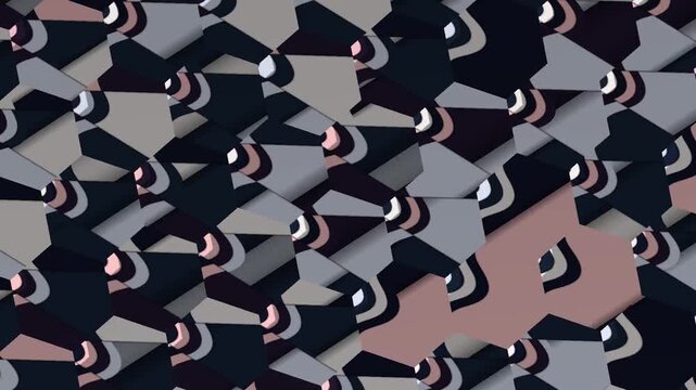 Hexagonal Cell Mosaic Splitting Into Twelve Flat Color Shards As Symmetry Steps Down, Seamless Loop in calm indigo tones
