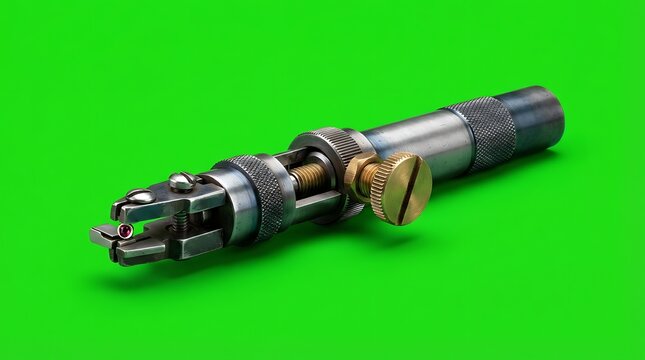 Precision watchmaker tool holding a tiny red ruby gemstone on green background