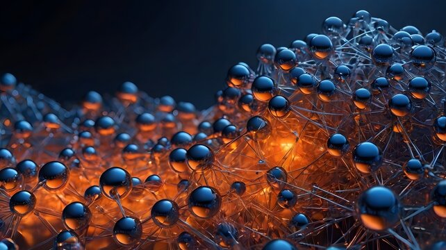 Abstract glowing molecular cell spheres connected with digital network mesh biology science nano technology background 3d render