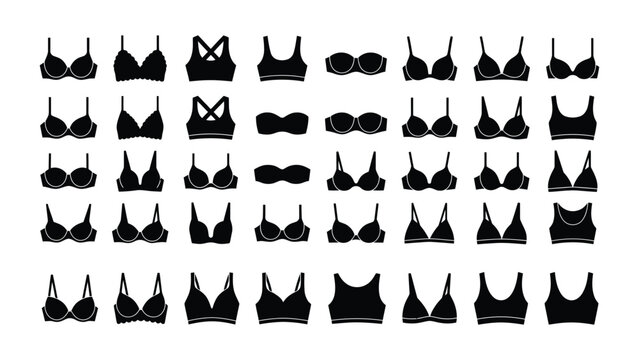 Collection of sixteen diverse bra silhouettes arranged in grid on white background, showcasing fashion lingerie styles including sports, strapless, balconette, push‑up, and bralette designs