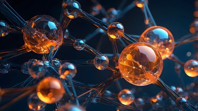 Abstract glowing molecular cell spheres connected with digital network mesh biology science nano technology background 3d render