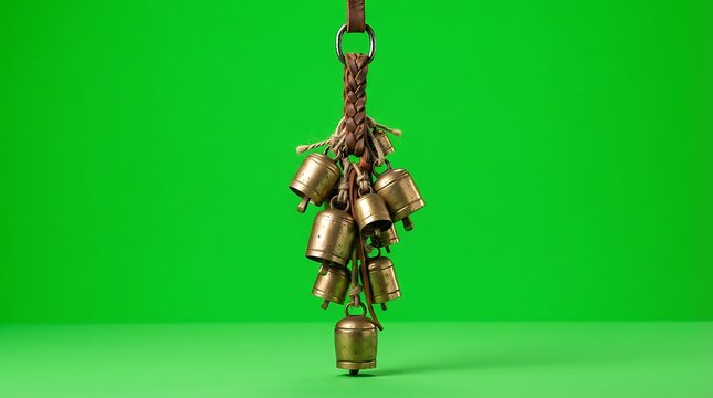A rustic cluster of antique brass bells hanging from a braided leather strap