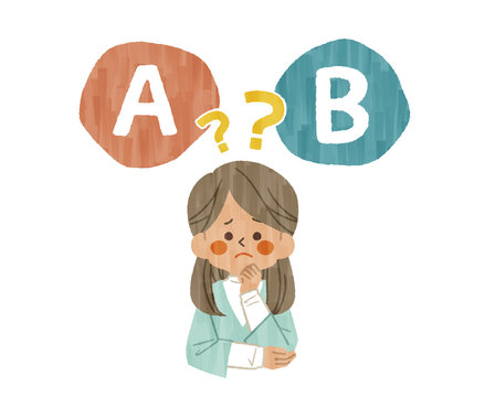 AとBの選択肢を比較をしている困った表情の女性-ガッシュ