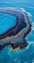 Obraz premium Aerial view of an extensive dark oil slick spreading across the vibrant blue ocean surface creating a harmful environmental pollution hazard