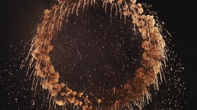 Circular explosion of bronze particles and amethyst light flares on a dark background