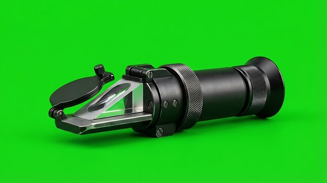 A black optical hand held refractometer isolated on a bright green background