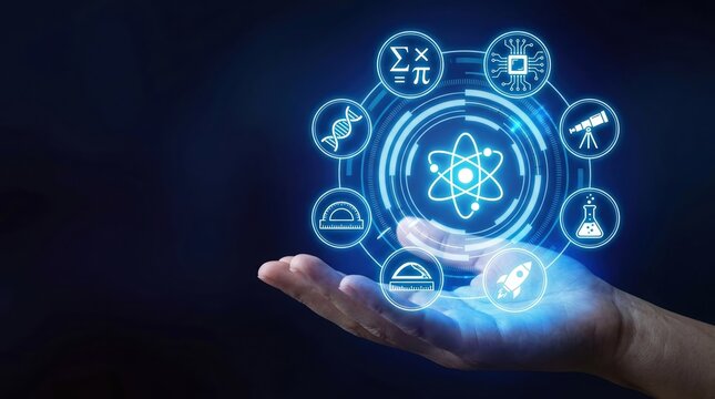 STEM hologram in hand, science, education and digital technology concept.