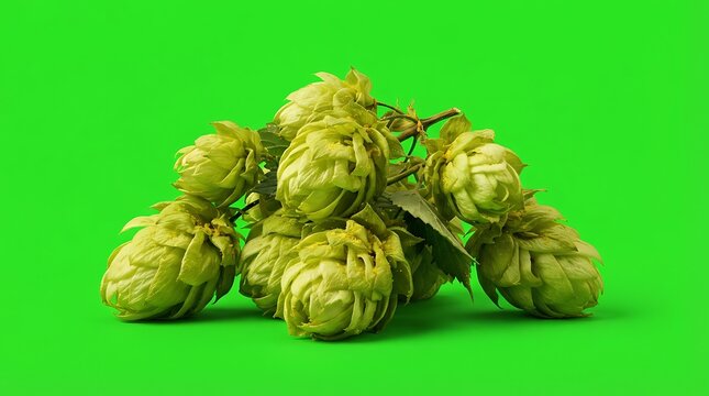 Fresh green hop cones isolated on a vibrant bright green background surface