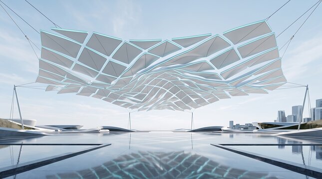 Futuristic parametric canopy structure over urban plaza, modern geometric tensile roof architecture, white abstract pavilion design