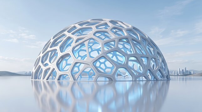 Futuristic geodesic dome with organic lattice structure, modern architectural pavilion on water, white bionic dome exterior