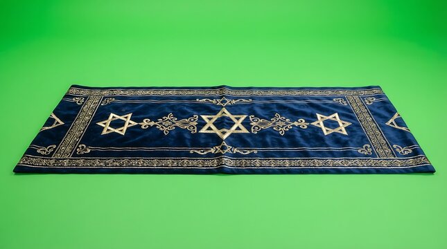 A traditional blue and black tallit prayer shawl with golden star symbols