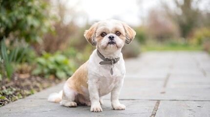 Obraz premium A shih tzu dog sits attentively on a stone pathway amidst blurred greenery