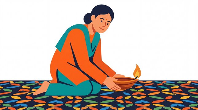 Indian woman lighting a diya for indian holy day celebration