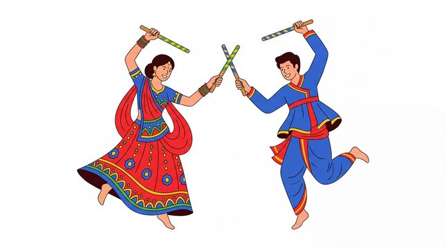 Indian holy day celebration with couple performing dandiya dance