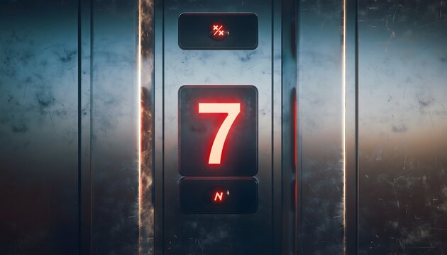 Glowing Red Number 7 on Futuristic Elevator Display Panel
