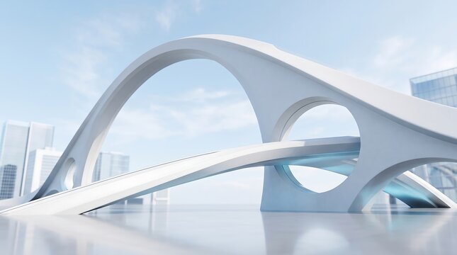 Futuristic white architectural bridge with circular cutouts. Modern urban infrastructure with city skyline background. Conceptual design for future transportation systems and innovative