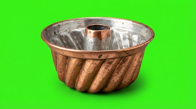 A vintage copper fluted bundt cake pan isolated on a solid green background