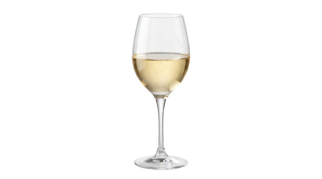 Elegant white wine glass, crystal stemware with golden chardonnay, luxury beverage for fine dining and celebrations isolated PNG with Transparent Background