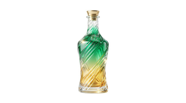 Elegant spiral glass bottle with green and gold gradient, luxury crystal decanter for premium spirits, ornate liquor carafe isolated PNG with Transparent Background