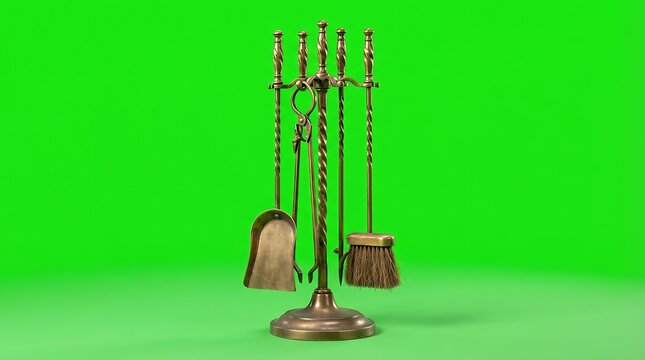 Classic brass fireplace tool set featuring a shovel, brush, and iron tongs
