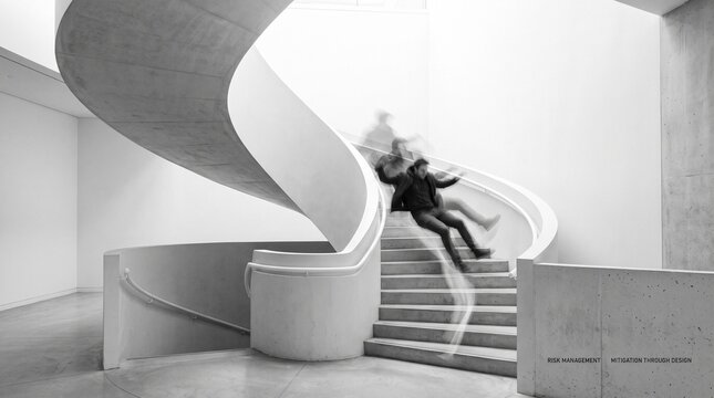 Falling down stairs man in motion blur on a spiral concrete staircase