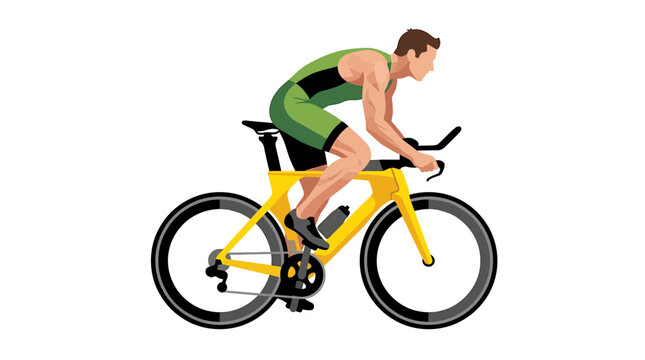European Male Triathlete Sprinting on Yellow Aerodynamic Bike