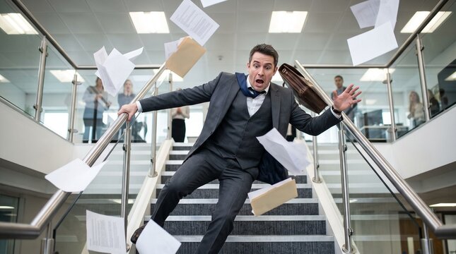 Falling down stairs businessman in office losing papers