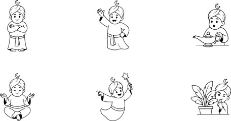 Fototapeta premium Cartoon genie character set, 6 black and white line art illustrations, cute magical spirit boy in turban, coloring book style vector